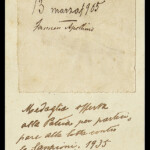 Ritaglio di un foglietto relativo alla medaglia vinta al Concorso di poesia olandese nel 1905 con il "Faunum Apollinis", incollato su un altro foglietto con la seguente annotazione: "Medaglia offerta alla Patria, per partecipare alla lotta contro le Sanzioni. 1935 Ritaglio di un foglietto relativo alla medaglia vinta al Concorso di poesia olandese nel 1905 con il "Faunum Apollinis", incollato su un altro foglietto con la seguente annotazione: "Medaglia offerta alla Patria, per partecipare alla lotta contro le Sanzioni. 1935